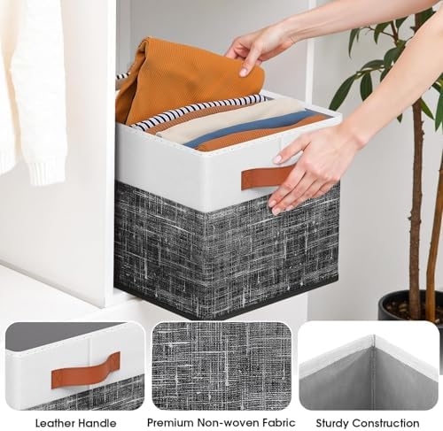 Fab totes Collapsible Storage Baskets for Shelves,14"x10", 4 Pack Foldable Fabric Storage Bins with Double Leather Handles, Large Baskets for Organizing Books, Clothes, White & Black - Image 4