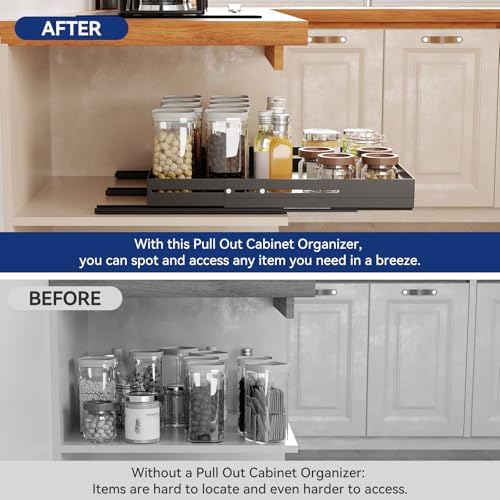 Pull out Cabinet Organizer, Full Metal Expandable Width (14.8"-20.8") & Depth (12.4"-17.7") Adjustable Slide out Drawers, No Drill Adhesive Roll out Shelves for Kitchen Pantry, Black - Image 5