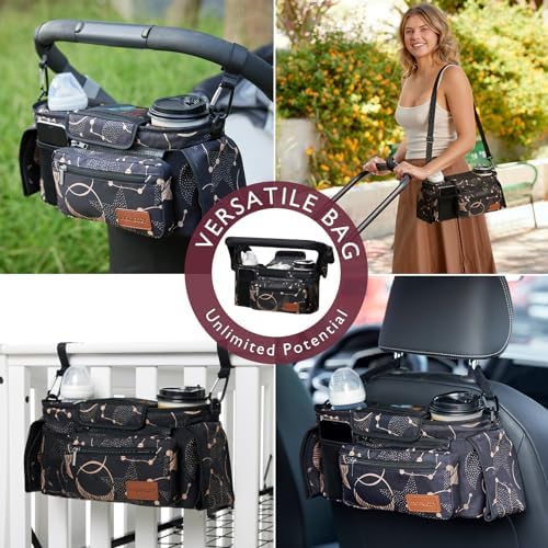 Momcozy Universal Baby Stroller Organizer, 2 Insulated Cup Holder, Detachable Zippered Pocket, Adjustable Shoulder Strap, Large capacity for baby essentials, Compact Design Fits Any Strollers - Image 4