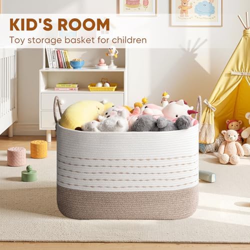 OIASKET XXL Large Blanket Basket for Living Room, 108L Woven Storage Baskets for Organizing, Rectangle Cotton Rope Basket Toy Chest With Handles--Brown & White - Image 5