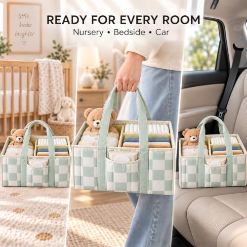 Checkered Diaper Caddy Organizer,Baby Essentials Storage Basket,Green - Image 6