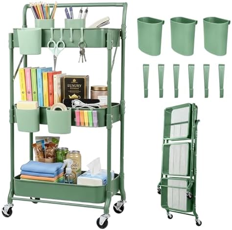 3 Tier Foldable Rolling Cart with Wheels, Metal Folding Utility Cart Organizer, Collapsible Rolling Storage Cart with 3 Hanging Cups & 6 Hooks for Kitchen, Office, Nursery (Green) by Amatic