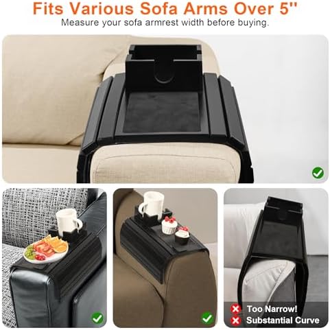 Joy&Grace Sofa Armrest Tray with Large Mug Holder, Bamboo Couch Arm Tray, Anti-Slip Couch Cup Holder Foldable Sofa Arm Table for Eating Drinks Cellphone (Color Black) - Image 3