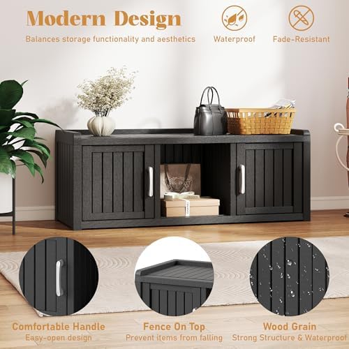 2-Tier Storage Bench, Waterproof UV-Resistant Outdoor Shoe Storage Cabinet with 2 Doors & Adjustable Shelves for Indoor Outdoor Entryway, Hallway, Living Room(Black) - Image 4