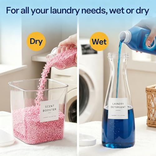 3+1+1 Pack Laundry Pods Containers & Dryer Sheet Holder & Laundry Detergent Dispenser, Laundry Room Organization and Storage with Wooden Lids, Labels and Scoops for Scent Boosters, Powder, Pods - Image 5