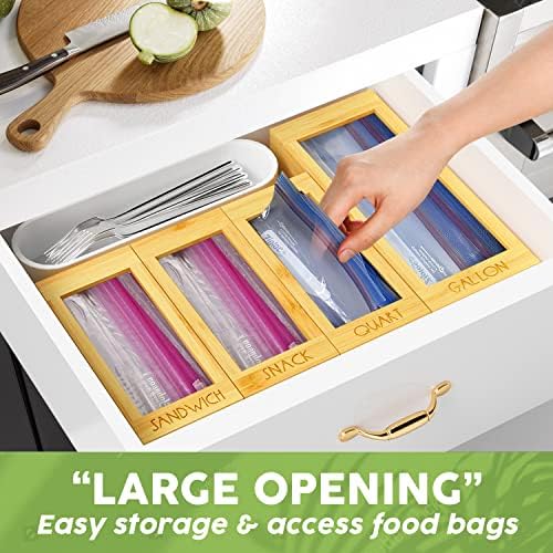 DALSHABET Bamboo Storage Bag Organizer, 4 Separate Food Storage Bags, 12x14 Baggie Organizer Dispenser for All Brands Gallon, Snack, Sandwich & Quart Slider Bags Beige - Image 5