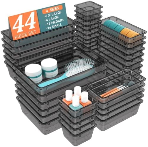 44 PCS Clear Plastic Drawer Organizer Set, 4 Sizes Storage Bins, Black by WOWBOX