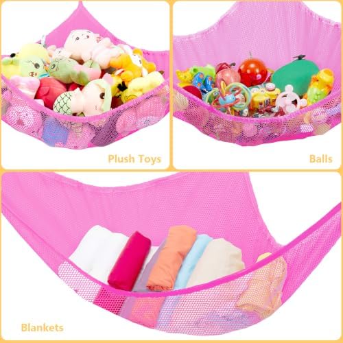 Stuffed Animal Hammock, Stuffed Animal Toy Net Hammock Wall Sling Corner Extra Large Mesh Plush Net Organizer (Pink 2 Pack, 70 inch) - Image 5