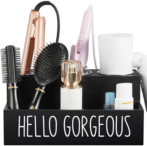 Bivvclaz Hair Tool Organizer, Wooden Hair Dryer Holder Countertop, Wall Mount Hot Tools Organizer for Hair Styling Accessories, Bathroom Supplies Vanity Caddy for Curling Wand, Blow Dryer, Black by Bivvclaz