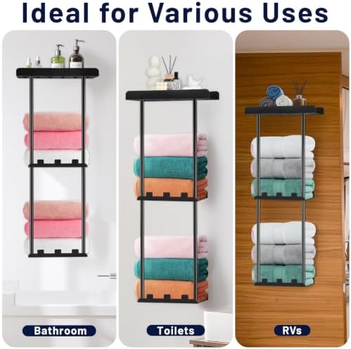 Towel Racks for Bathroom, Towel Holder Bathroom Towel Storage Wall Mounted Towel Rack with Shelf Can Holds 6 Large Towels, Wall Towel Rack for Rolled Towels, Black - Image 7