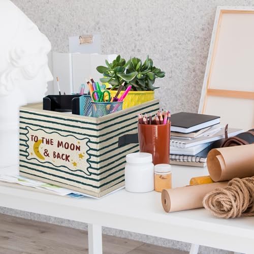 to the Moon and Back Kids Nursery Foldable Storage Bins Box with Handles, Retro Blue Striped Playroom Collapsible Toys Books Clothes Organizer Basket for Kids Nursery Room Bedroom Bathroom - Image 3