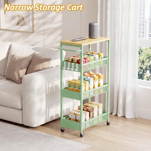 9.1" Wide Slim Rolling Utility Cart, 4 Tier Metal Narrow Storage Cart with Handle and Wood Top, Multifunctional Small Mobile Shelf Unit Organizer Trolley for Laundry, Bathroom, Kitchen - Image 4
