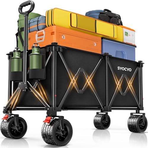 Beach Wagon Carts Foldable 580LBS Collapsible Wagon with Big All-Terrain Wheels for Sand 340L Heavy Duty Utility Carts with Cup Holders for Garden, Camping, Grocery, Black by SYOCYO