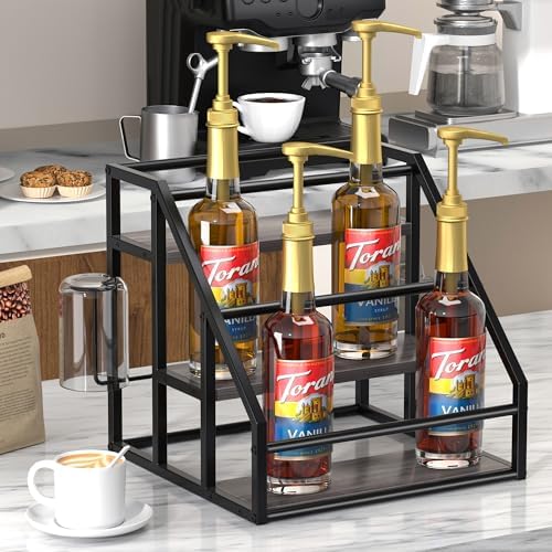 Coffee Syrup Rack Organizer, Spice Racks, Syrup Bottle Holder Stand for Coffee Bar, 3-Tier 12 Bottles Storage Shelves for Syrup, Wine, Dressing for Kitchen Countertop, Grey - Image 2