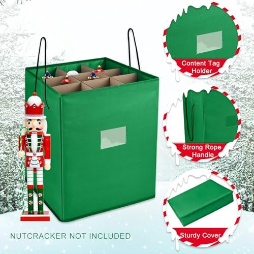 Christmas Nutcracker and Figurine Collectible Storage Box, Fits 9 Holiday Ornaments, Stores Up to 16" Tall Ornaments, Holiday Decor Organizer with Dividers, Nutcracker not Included(Green) - Image 2