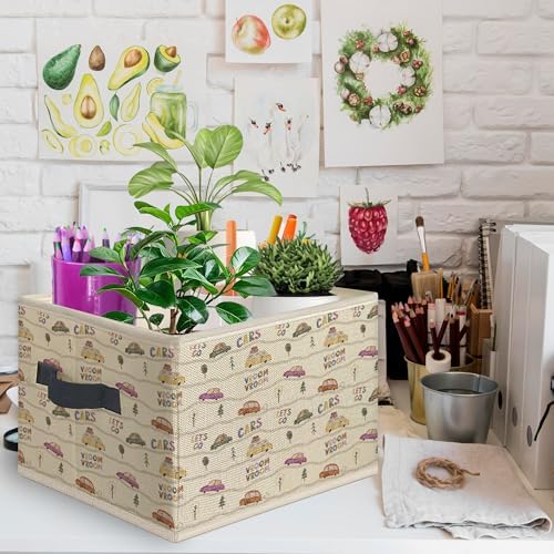 Vintage Car Nursery Foldable Storage Bins Box with Handles, Neutral Car Vehicle Collapsible Toys Books Clothes Organizer Basket for Kids Nursery Room Bedroom Bathroom Playroom - Image 2