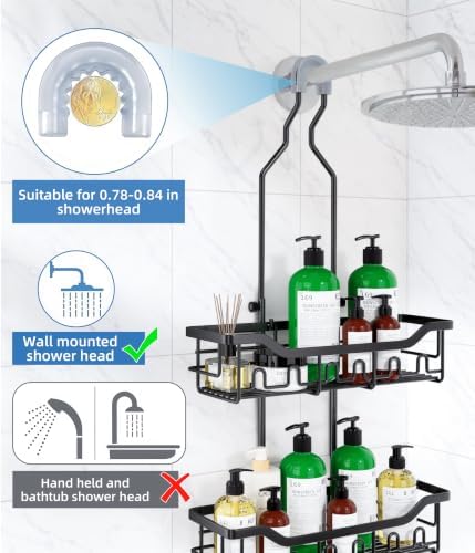 Adjustable Shower Caddy Hanging, Extended Length Organizer Over Shower Head, 3 Tier Long Neck Shower Rack with Soap Holder for Large Storage, Black - Image 4