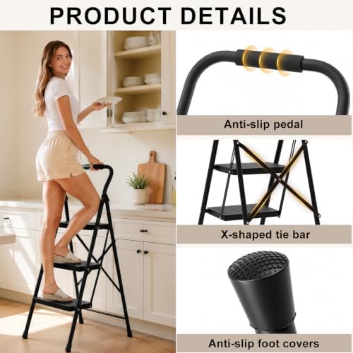 3 Step Ladder Folding 330lbs Anti Slip，Foldable Ergonomic with Wide Pedal for Home, Kitchen, OfficeMatte Black - Image 3