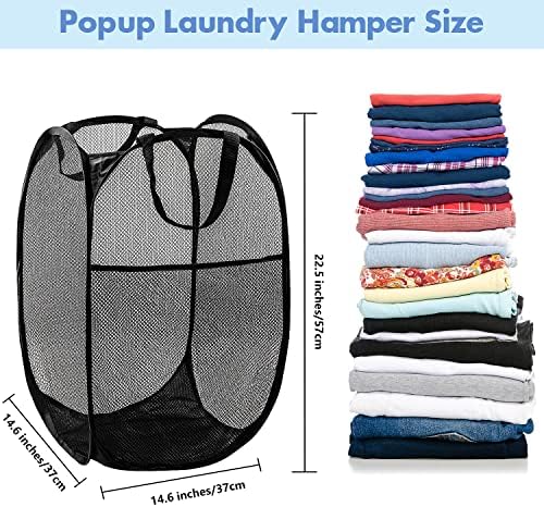 Pop Up Laundry Hamper, 70L Collapsible Mesh Basket with Side Pocket, Black - Image 2