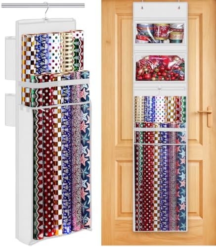 Hanging Wrapping Paper Organizer Storage, Over Door Gift Wrap Roll Holder by WOODOULOGY