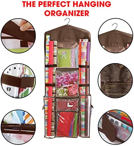 Hanging Gift Wrapping Paper Storage Organizer Bag, Double Sided Multiple Front & Back Pockets Organize Your Gift Wrap, Gift Bags Bows Ribbons 40"X17" Fits Long 40 Inch Rolls Clear PVC Bag (Brown) - Image 2