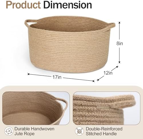 MEGASKET Jute Wicker Storage Basket with Handles, 17"x12"x8" Decorative Woven Baskets for Organizing Dog Toy, Gifts, Book, Towel, Cloth, Boho Storage Bin for Shelves, Entryway, Closet, Home Decor - Image 2