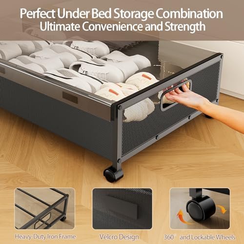 KITHELP Under Bed Storage Containers with Wheels, Underbed Shoe Storage Organizer with Removable Lids, Large Rolling Under Bed Storage Dresser Drawers for Clothes Toys Shoes Blankets - Image 6