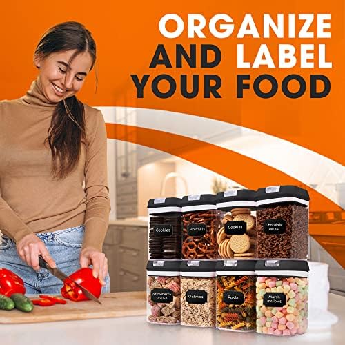 Set of 8 Airtight Food Storage Containers - Pantry Organizer Bins, BPA Free Plastic Containers plus Dry Erase Marker and Labels, Black - Image 4