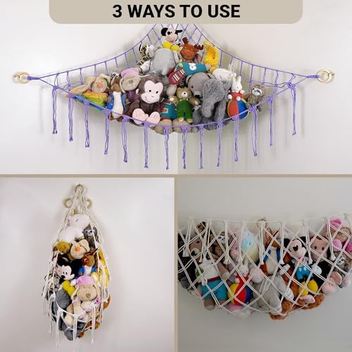 ABBY BABY Large Stuffed Animal Hammock Corner - Stuffed Animal Storage - 100% Natural Cotton Macrame Stuffed Animal Net - Stuff Animal Organizer - Net For Stuffed Animals Corner Large - Purple - Image 4