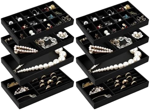 8 Pcs Jewelry Drawer Organizers, Velvet Jewelry Trays for Drawer, Stackable Jewelry Trays, Ideal for Rings, Earrings, Bracelets, Necklaces, Black by Toyosport