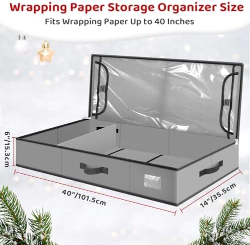 BlessedSeason Wrapping Paper Storage Organizer for 40 Inch Christmas Gifts Wrapping Paper, 2 Visible Supplies Pockets for Holiday Accessories, Christmas Decoration Storage Containers, Grey - Image 2