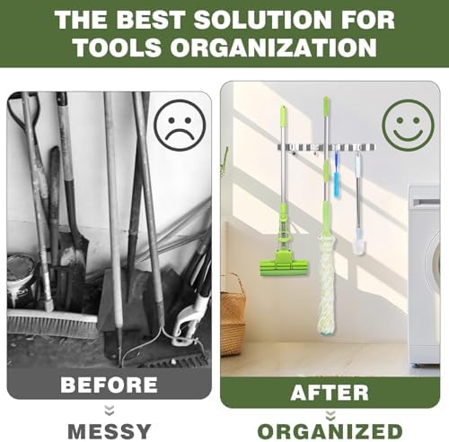 UNIFUN Broom Holder Wall Mount, 5 Racks 4 Hooks, Stainless Steel Organizer - Image 4