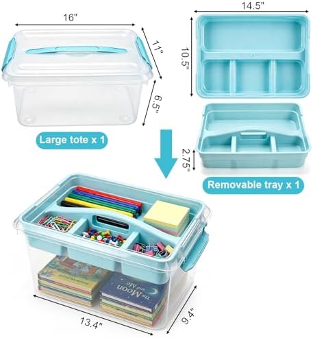 Yesland Stack & Carry Box with Removable Tray, 16 x 11 x 6.5 Inch Plastic Art Supply Storage Organizer Craft Storage Containers with Handle, Portable Organizer Bin for Stationery Sewing Jewelry, Blue - Image 2