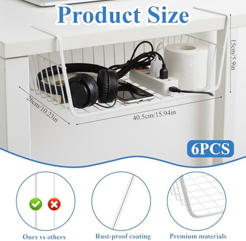 6 Pack Under Shelf Basket, Slide in Wire Hanging Storage Baskets, Slides Under Wire Shelves, Undershelf Hanging Storage Bin Basket for Kitchen, Pantry, Counter, Desk Bookshelf (White) - Image 2