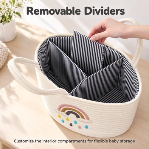 Baby Diaper Caddy Organizer, Cotton Woven Rope, Portable Nursery Storage Basket with Changeable Compartments, Newborn Gift (Rainbow) - Image 4
