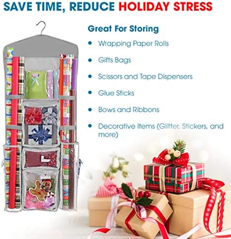 ProPik Hanging Double Sided Christmas Gift Wrapping Paper Storage Organizer With Multiple Pockets Organize Your Gift Wrap, Gift Bags Bows Ribbons 40"X17" Fits 40 Inch Rolls Clear PVC Bag 1 Unit (Grey) - Image 5