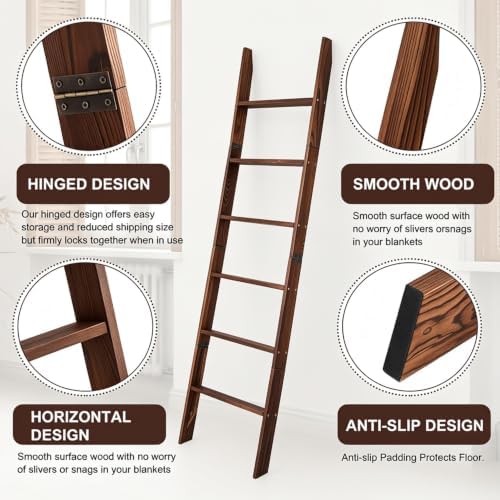 Blanket Ladder for Living Room and Bedroom,6-Tier Decorative Display Ladder Shelf,Ladder Rack for Storage and Decor,Wall Leaning Farmhouse Blanket Storage,Towel Rack, Bathroom,Brown - Image 4