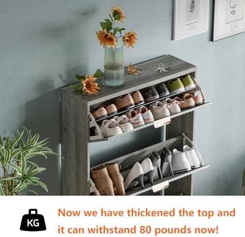 Shoe Cabinet Storage,Modern Freestanding Organizer with 3 Flip Drawers,Narrow Shoe Rack Cabinet for Entryway,Grey - Image 3