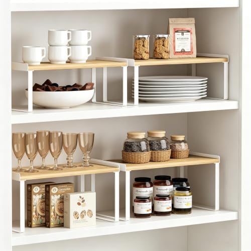 Goozii 4 Pack Stackable Cabinet Shelves Organizer, Shelf Rack with Anti-Fall Lips for Kitchen Pantry Coffee Bar Countertop Storage (Bamboo White) - Image 4