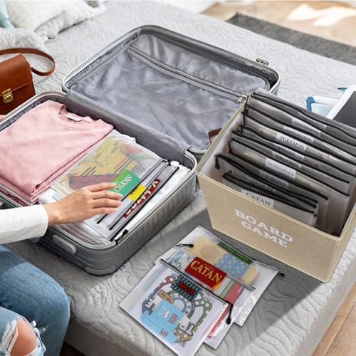 Board Game Storage Kit Include Storage Basket and 10pcs Zipper Bags, Board Game Organizer with Writable Stickers and Dispensing, Suitable for Puzzle, Document (1 Pack-Beige-Large) - Image 6