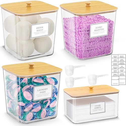 HomePekite Laundry Pods Storage Container, Clear Acrylic Laundry Room Organization and Storage ,Detergent Powder Container,with Wooden Lids & Labels, 3+1 Pack by Unknown