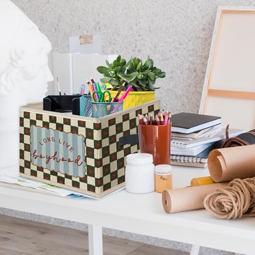 Boy Nursery Foldable Storage Bins Box with Handles, Long Live Boyhood Retro Green Checkered Collapsible Toys Books Clothes Organizer Basket for Kids Boys Nursery Room Bedroom Bathroom - Image 3
