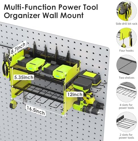 CCCEI Modular Power Tool Organizer Wall Mount Charging Station, Green 6 Drills Holder with 8 Plug Power Strip 6FT, Garage Drill Battery Heavy Duty Metal Shelf, Utility Rack with Hooks, Side Storage. - Image 5