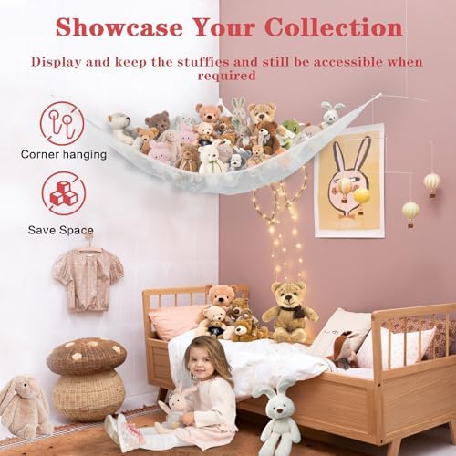Stuffed Animal Net Hammock Corner Large Toy Storage Organizer Holder Plushies Stuffy Storage Hammock for Kids Baby Nursery Bedroom Playroom Home Wall Room Decor (White) - Image 3