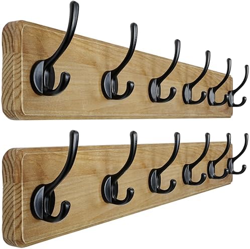 Dseap Wall Mounted Coat Rack: 24" Long, Patented, Heavy-Duty, 6-Double-Hooks Wooden Hanger Rail for Winter Coats, Hat, Jacket, Clothing - Weathered Brown, Pack of 2 by Dseap