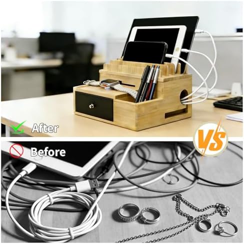 Bamboo Charging Station Organizer with Drawer and Pen Holder - Image 3