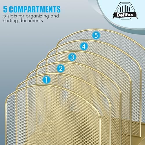 Delifox Inclined Desk File Organizer,Vertical File Folder Holder Stand Metal Rack File Sorter for Office Classroom Desktop Organization (1, Gold, 5) - Image 6