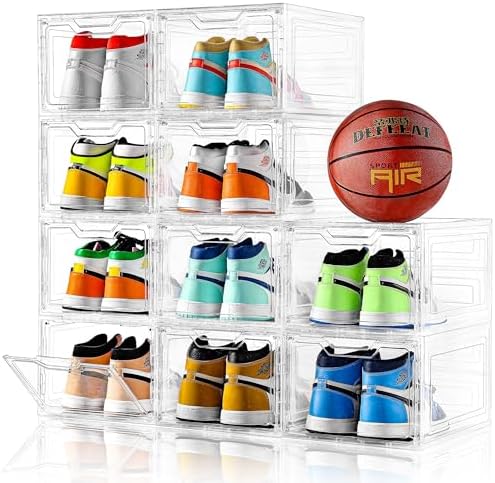 10 Pack Large Shoe Boxes Clear Plastic Stackable,Shoe Storage Organizer with Lids,Shoe Rack for Closet,Shoe Organizer and Shoe Containers for Sneaker Storage, Shoe Display Case Fit up to US Size 13 by Stebopum