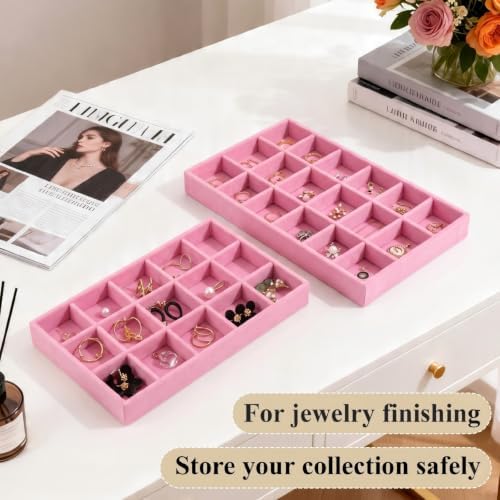 24 Pack Velvet Jewelry Trays Stackable Jewelry Organizer Trays Drawer Inserts Divided Storage Containers for Rings Earrings Jewelry Display (Pink) - Image 4