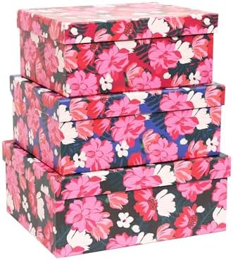 3-Piece Decorative Storage Boxes with Lids, Vibrant Pink and White Flower, Paperboard Keepsake box Set, Photo Storage Box for Memory, Home Decor, Knick-knacks Organizer, Shelf Decor by MIZFRUZZY